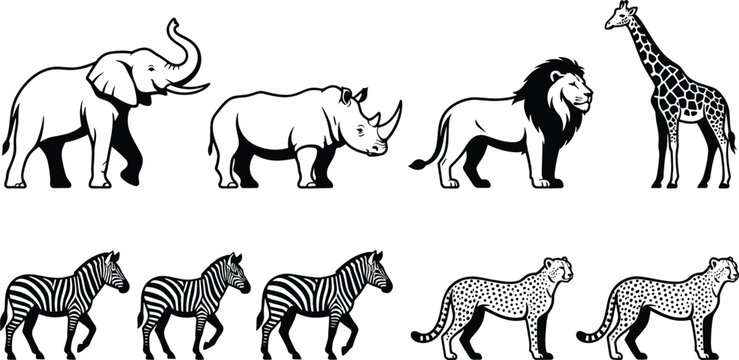 African wildlife animal vector set featuring elephant rhinoceros lion giraffe zebras and cheetahs isolated on white backdrop