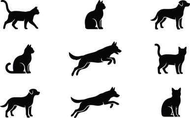 Obraz premium Domestic pets silhouette collection featuring various breeds of cats and dogs walking sitting and jumping vector illustration