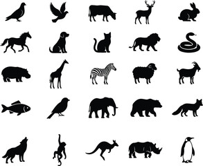 Obraz premium Vector graphic icon set featuring diverse wild mammals birds marine fauna and farm livestock solid stencil silhouettes