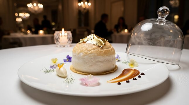 Dune blanche crepe souffle dessert topped with gold leaf served on a plate in a restaurant