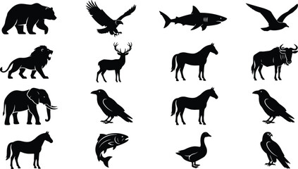 Obraz premium Wild nature wildlife silhouette graphic elements bundle featuring mammals birds predators and marine fish species vectors collection