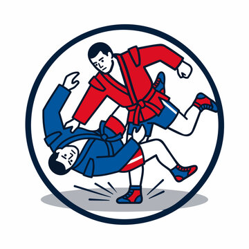 Two sambo athletes in red and blue uniforms performing a dynamic grappling throw