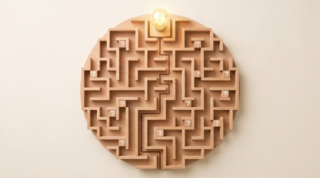 Wooden circular maze with question marks and glowing light bulb at exit, problem solving and creative thinking concept, strategy and business solution metaphor
