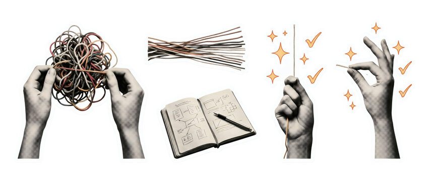 Creative inspiration brainstorm icons, hands untangling knot, vintage writing quill notebook, sparkler wand, and snapping fingers. Artistic problem solving creativity on transparent background.
