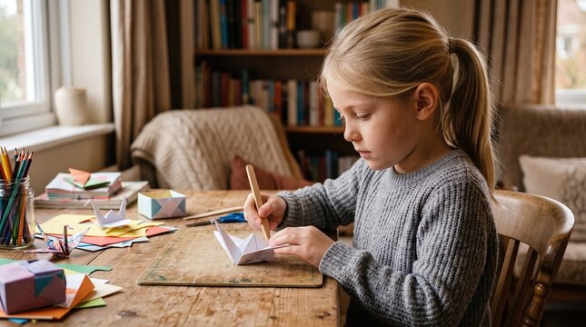 Young girl focused on making origami crane at wooden table with colorful paper and pencils