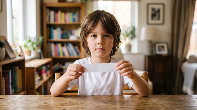 Young boy holding a blank piece of paper at a wooden table