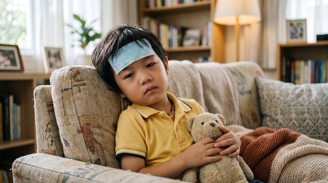 Sick young boy with fever patch on forehead holding teddy bear on couch