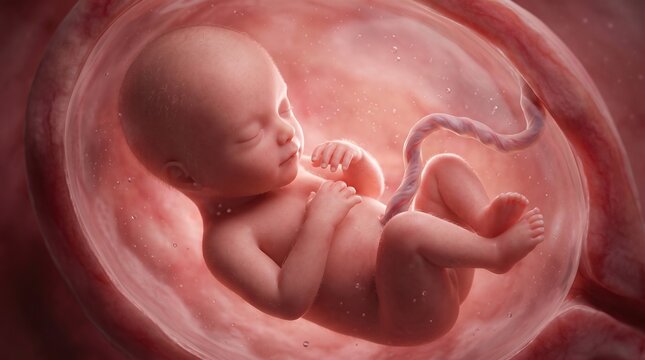 Human fetus developing inside the womb connected by umbilical cord detailed 3D render