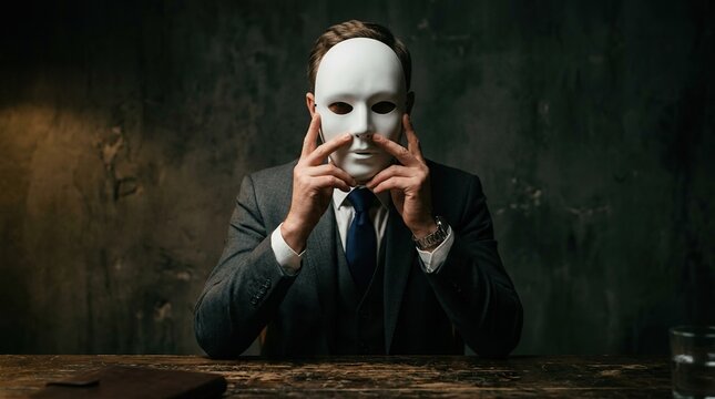 Man in Suit Wearing White Mask Hiding Identity