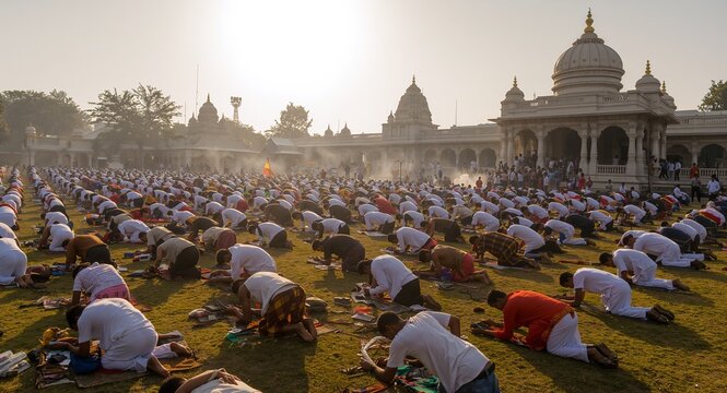 Devotees gathered on temple lawns chanting and prostrating as part of Asalha outdoor worship ceremony beneath morning sun � great for Asalha Puja and prostration designs