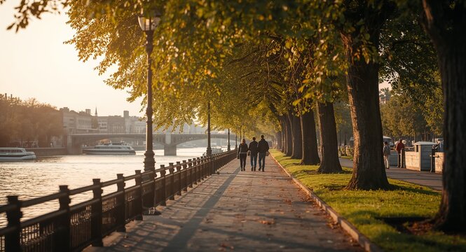 Residents embark on leisurely afternoon walk along tree?lined riverside promenade under soft golden sunlight with gentle breeze rustling leaves capturing serene urban