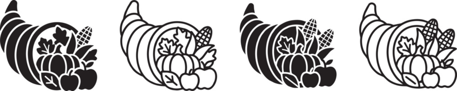 Thanksgiving cornucopia vector icon set, autumn horn of plenty harvest symbol collection, black and white silhouette fall element graphic for greeting cards