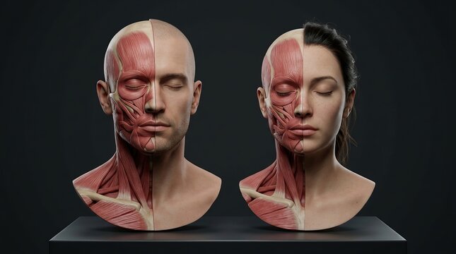 Anatomical study of male and female faces showing muscles and bone structure