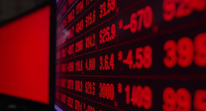 Stock monitor red screen photograph showing multiple ticker displays in deep red hue flashing sell signals and broker sleepless over risk alerts � great for VIX designs