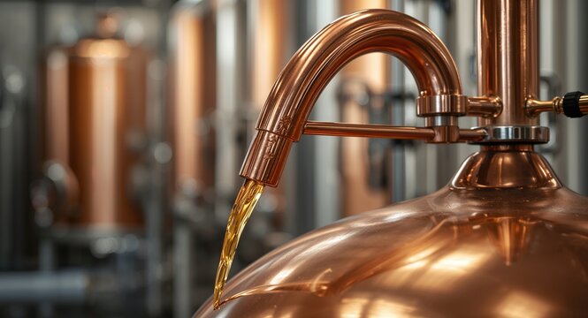 Close up of copper brewing kettle spout dispensing wort with blurred background of brewery equipment illustrating artisanal beer manufacturing process and style