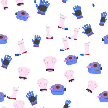 Pattern of chef hats, gloves, boots, and tape dispensers