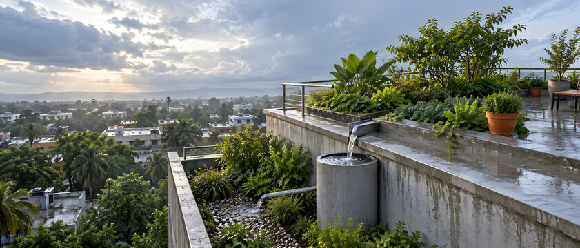 Rooftop garden channeling rainwater into a storage cistern