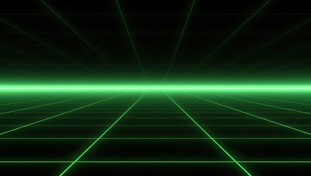 Futuristic digital grid recedes into a distant glowing horizon line