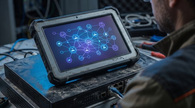 Conceptual image of a rugged tablet displaying a textless network IP configuration map
