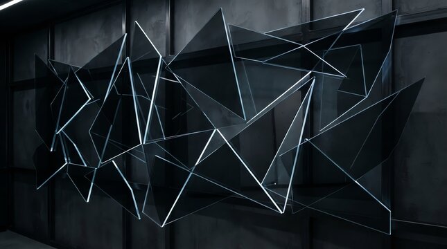 Abstract glass sculpture with triangular shards on dark wall