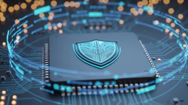 Advanced technology microchip glows brightly with cyber security shield symbol resting over electronic circuit board pathways inside computer hardware processor device system architecture.