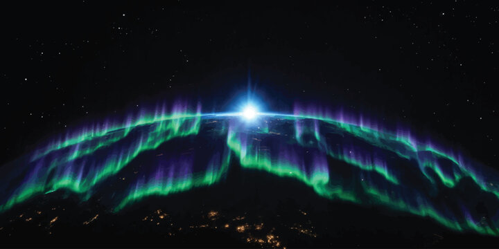 Green aurora borealis swirling over a planetary horizon with northern lights green light outer space night sky space travel show planet earth atmosphere astronomy universe