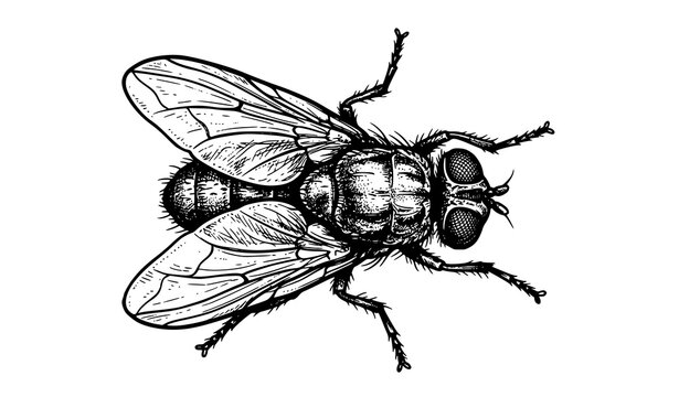 Hand drawn top view housefly with spread wings and detailed legs, insect line art illustration