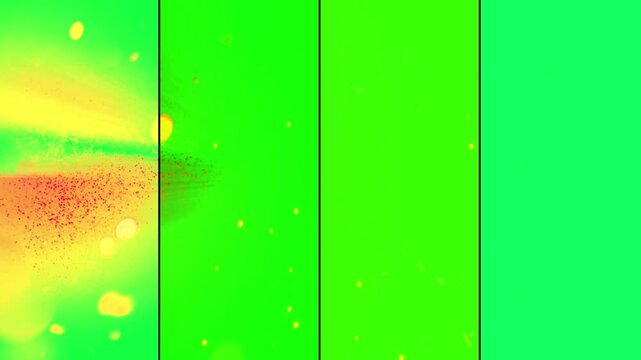 Panels divided into four equal vertical sections showcasing a solid green chroma key background with subtle floating particles and warm light.