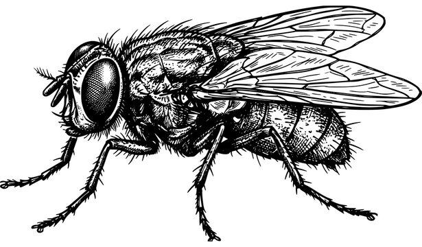 Hand drawn detailed housefly with large compound eyes hairy legs and wings, insect line art illustration