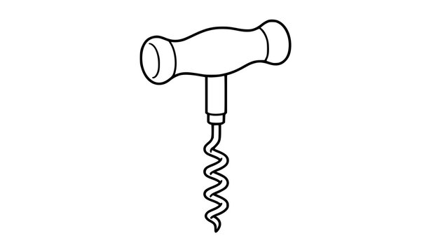 Hand drawn simple T-shaped corkscrew with spiral, wine opener line art illustration