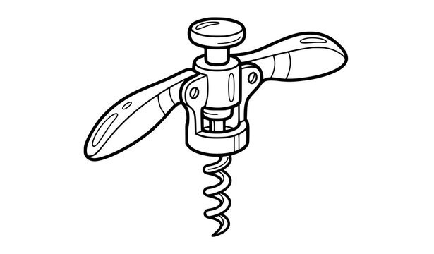 Hand drawn wing-lever corkscrew with butterfly handles and spiral, wine opener line art illustration