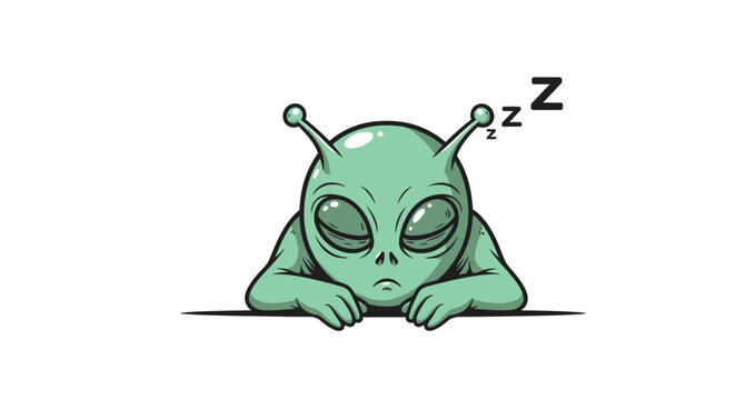 Sleeping alien character, cute extraterrestrial with closed eyes, transparent background