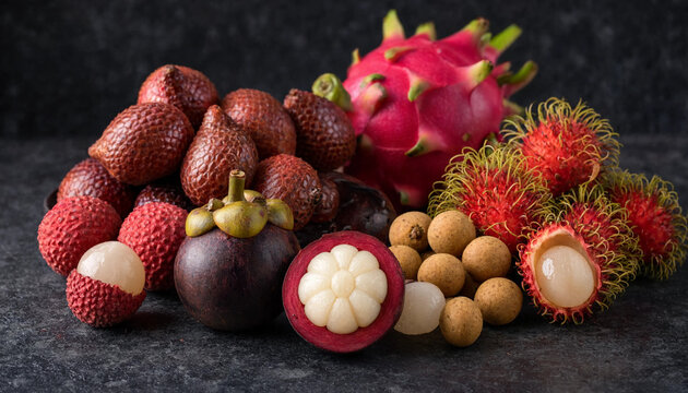 Assortment of exotic fruits including salak, dragon fruit, mangosteen, lychee, rambutan, and longan arranged on a dark textured background
