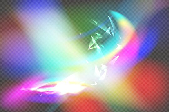 Abstract colorful light flare and rainbow prism streaks crossing on a transparent background with soft glow and bright reflections, creating a dreamy modern visual effect for design
