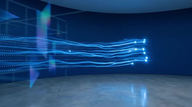 Digital technology visualization showing glowing lines and data transfer within virtual cyber space background representing modern communication innovation and futuristic software development systems.