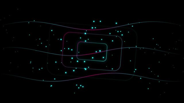 Abstract neon tunnel with glowing particles and waves on black background, motion graphics.