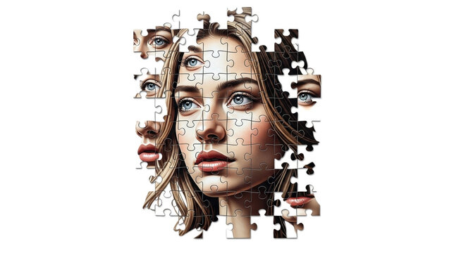 Fragmented female face puzzle art, multiple perspectives, symbolic of identity and complexity
