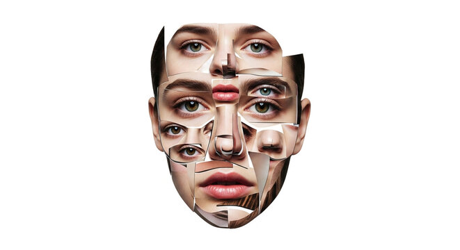 Fragmented Face Collage Representing Identity Crisis, Mental Health, Dissociation, or Surreal Art