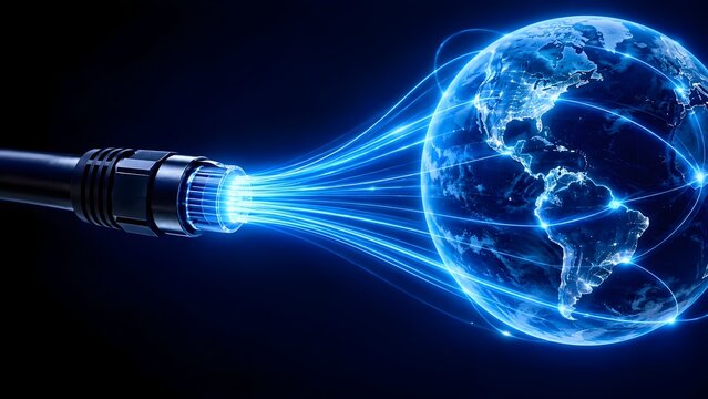 High speed fiber optic cable emitting light beams into digital earth globe for global telecommunications and broadband infrastructure concept