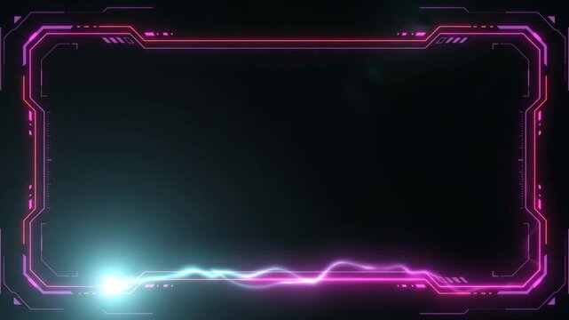 HUD neon interface glowing inside digital frame display with cyber technology element shining brightly across dark background for sci-fi video game overlay design.