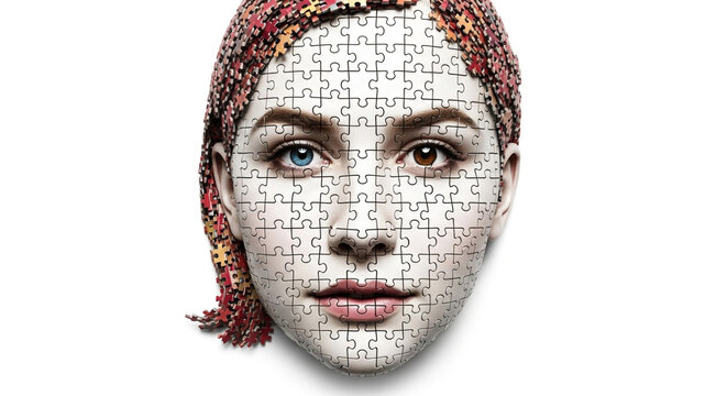 Close-up Portrait of a Woman's Face Composed of Puzzle Pieces with Heterochromia