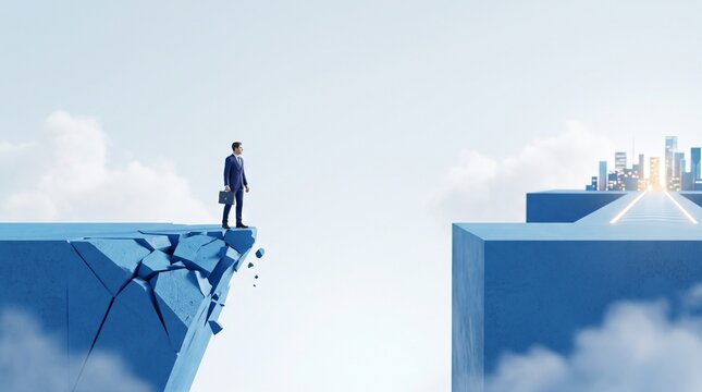 Businessman On Broken Edge Looking At Future City Opportunity Gap 