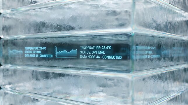 Futuristic transparent glass block interface displaying digital HUD telemetry, real-time temperature data, and network connection status. 