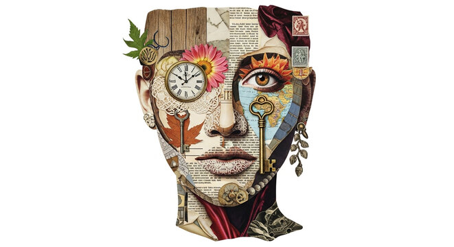 Surreal Steampunk Collage Portrait of a Face Adorned with Clock, Keys, and Flowers on White Background
