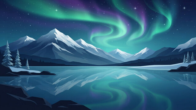 Horizontal digital art wallpaper of snowy mountains under Aurora Borealis night sky