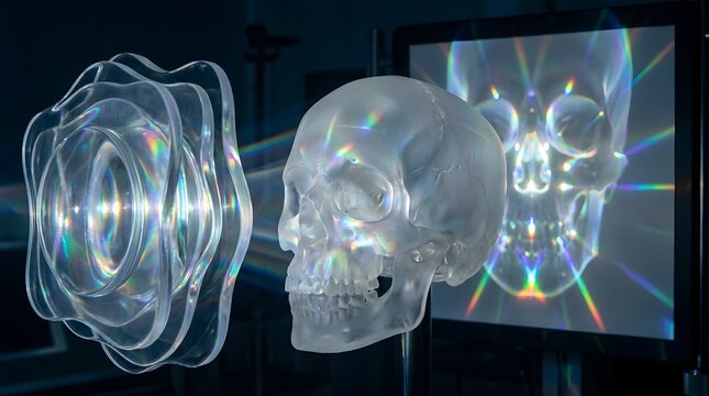 A transparent human skull model positioned between specialized refractive lenses and a digital display screen. 