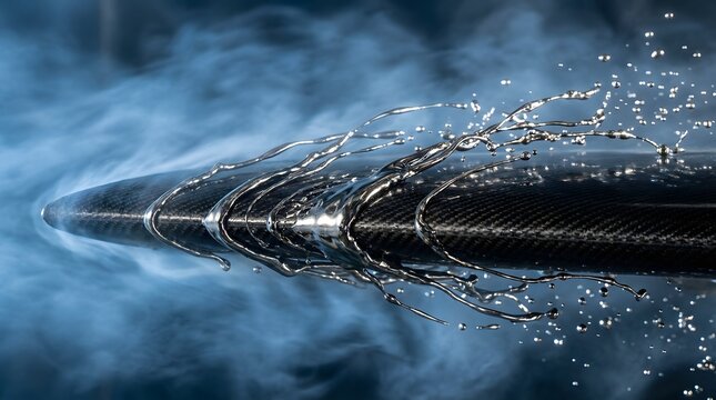 High-speed aerodynamic wind tunnel test on a sleek carbon fiber airfoil with water droplets and vapor streaming across the surface. 