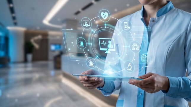 Digital healthcare technology interface connecting patient monitoring, medical records, telemedicine services, clinical data management