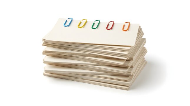 Stack of blank white index cards with colorful paper clips isolated on white background