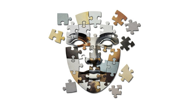 puzzle face with pieces falling apart on white background